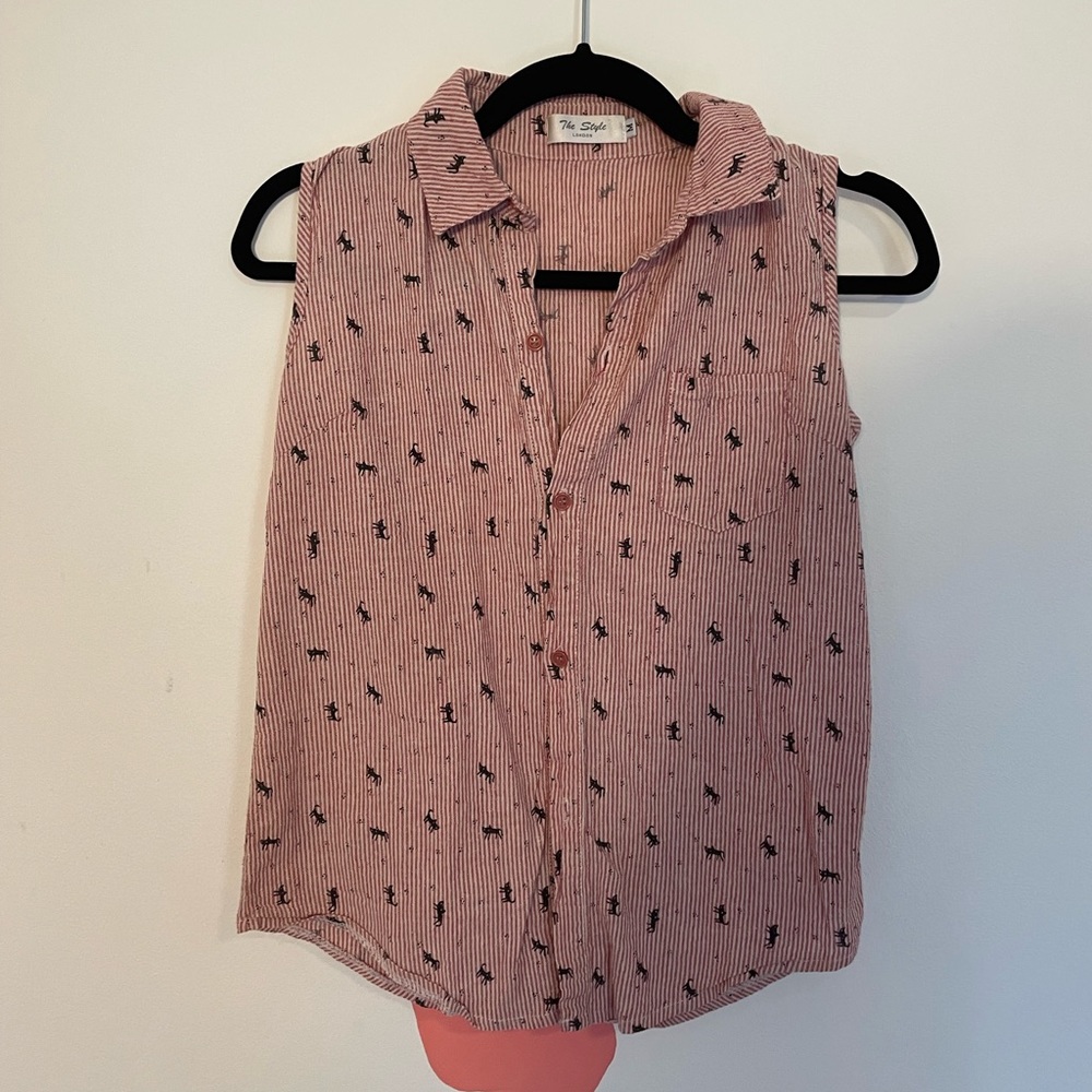 Vintage cat sleeveless collared button down size M